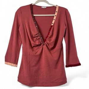 Byblos Blu V-Neck Snap Tunic Top Velvet Trim‎ Wool Blend IT 42 US 6 Y2K